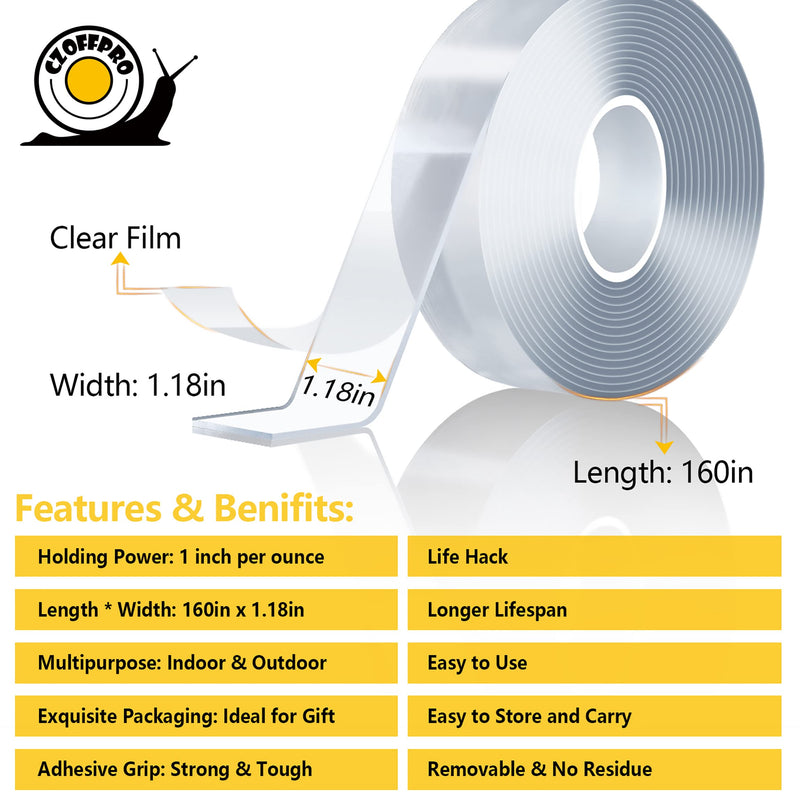 CZoffpro Double Sided Tape (13.33FT) Mounting Tape for Walls, Removable Adhesive Tape, Strong Sticky Carpet Tape Poster Tape Wall Tape, Transpartent Two Side Tape for Indoor and Outdoor - NewNest Australia