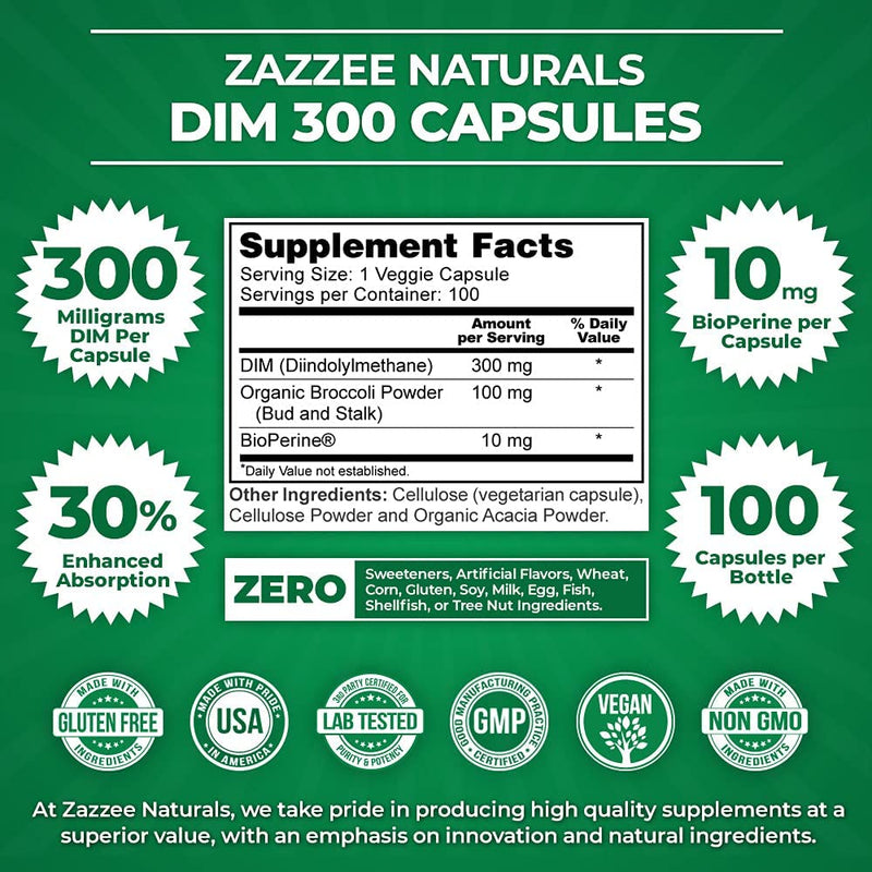 Zazzee Extra Strength DIM 300 mg per Capsule, 10 mg BioPerine, 100 Vegan Capsules, 100 Day Supply, Plus Pure Organic Broccoli Extract, Vegan and Non-GMO - NewNest Australia