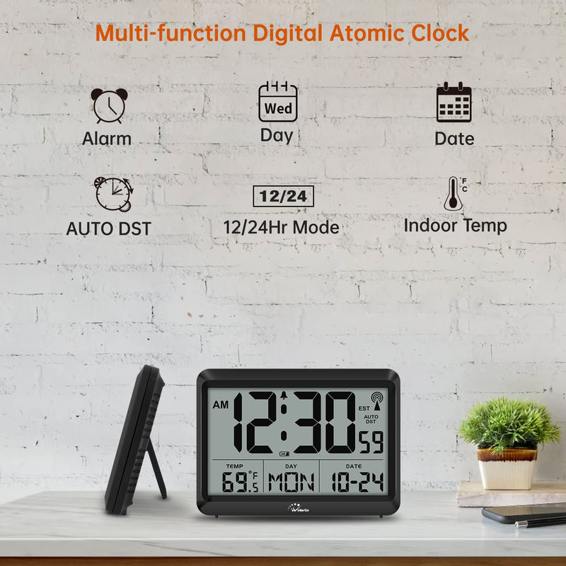 WallarGe Atomic Clock Battery Operated - Large Display Digital Alarm Clock with Seconds and Indoor Temeperature, 4 Time Zones, DST Black - NewNest Australia