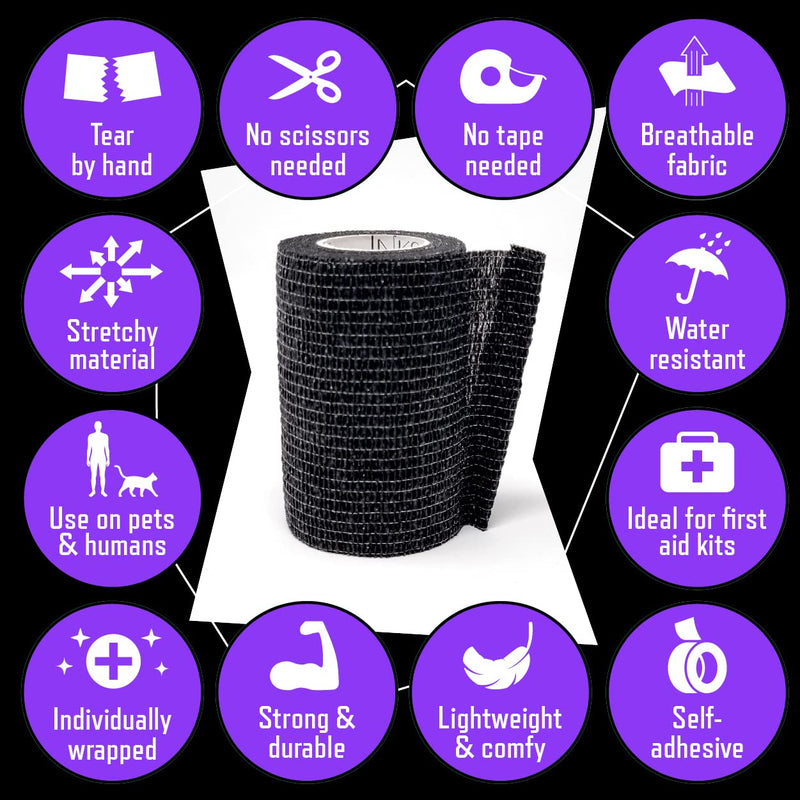 Inksafe Black Self Adherent Cohesive Bandages 7.5cm x 4.5m Box of 12 - Uses Include Vet Wrap, Tape for Human Wrist and Ankle Sprains and Sports Injuries 12 Count (Pack of 1) - NewNest Australia