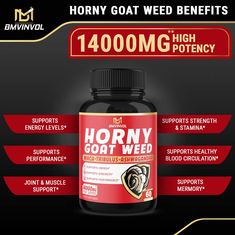 (2 Packs) Horny Goat Weed Capsules, 14000mg Herbal Equivalent with Maca, Tribulus, Ginseng - Performance and Energy Support - 120 Capsules - NewNest Australia