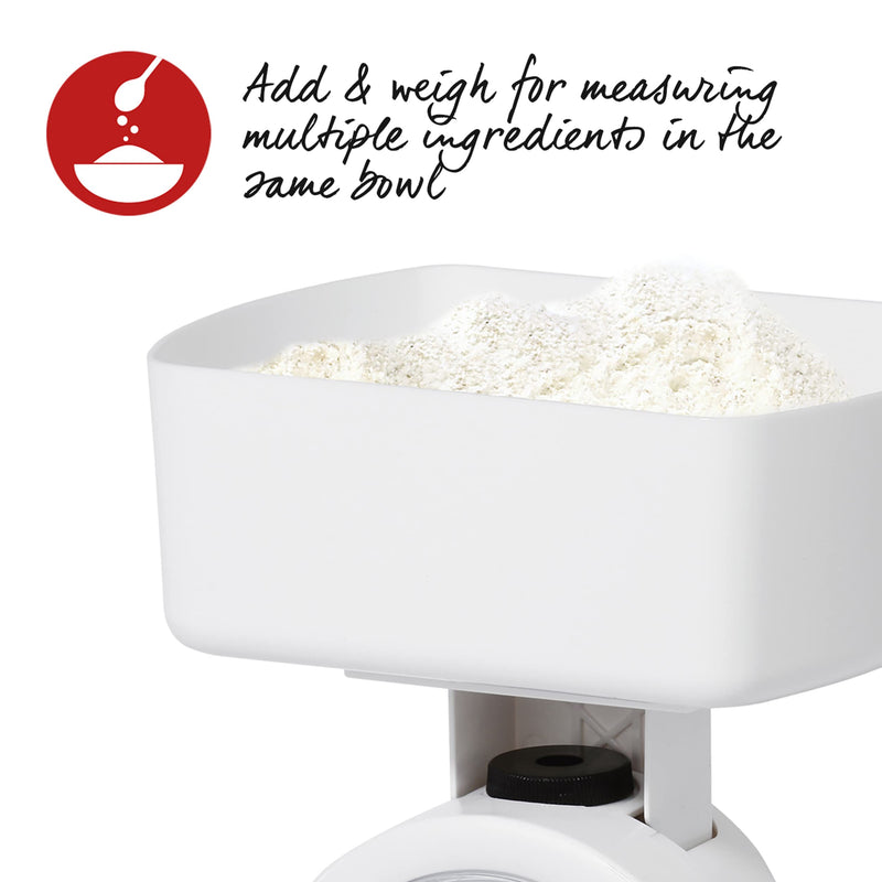 Salter 112 WHWHDR Mechanical Kitchen Scale, 3 KG Maximum Capacity, Analogue, Easy to Read Dial, Dishwasher Safe, Compact Storage, 1 L Detachable Bowl, Battery Free, White single - NewNest Australia