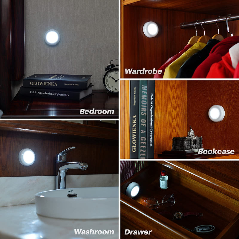 STAR-SPANGLED Tap Light, Push Lights, Stick on Lights Battery Powered Operated, Night Touch Light, Mini LED Puck Lights for Closet, Under Cabinets, Kitchen (Includes 12 Batteries, Cool White, 4 Pack) 4 Pack, Push Control, Include battery - NewNest Australia
