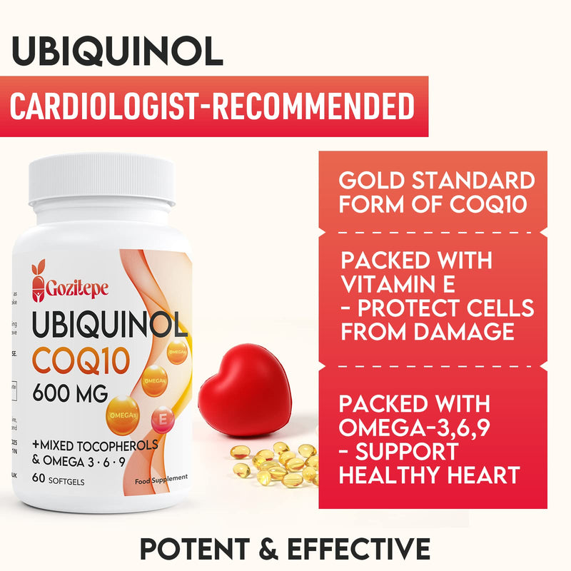 Ubiquinol CoQ10 600 mg soft capsules with Omega 3, 6, 9 and vitamin E, 30 servings of coenzyme Q10 (active form) supplement, higher absorption (60 pieces) 60 pieces (pack of 1) - NewNest Australia