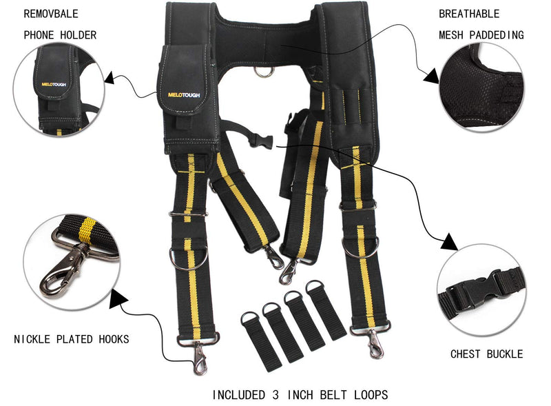 Melo Tough Suspenders Tool Belt Suspenders with Large Moveable Phone Holder, Pencil Holder, Adjustable Size Padded Suspenders (Yellow) H back - NewNest Australia
