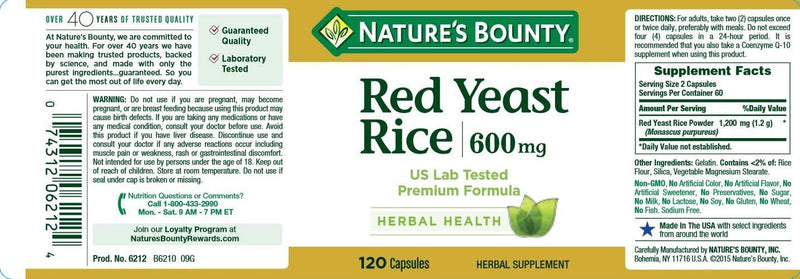 Nature's Bounty Red Yeast Rice Pills and Herbal Health Supplement, Dietary Additive, 600mg, 120 Capsules 120 Count - NewNest Australia