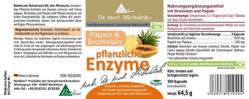 Enzymes Vegetable Dr. Michalzik - Contains High-Quality Plant Extracts - 100 Capsules - Each Capsule 340 Mg Bromelain 170 Mg Papain - No Additives - By Biotikon - NewNest Australia