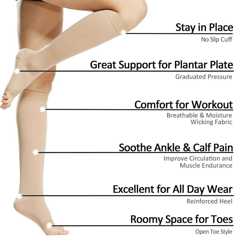 Ailaka 20-30 mmHg Compression Calf Socks for Women & Men, High Open Toe Graduated Support Varicose Veins Knee Stockings Hosiery, Travel, Nurses, Pregnancy, Recovery Beige S - NewNest Australia