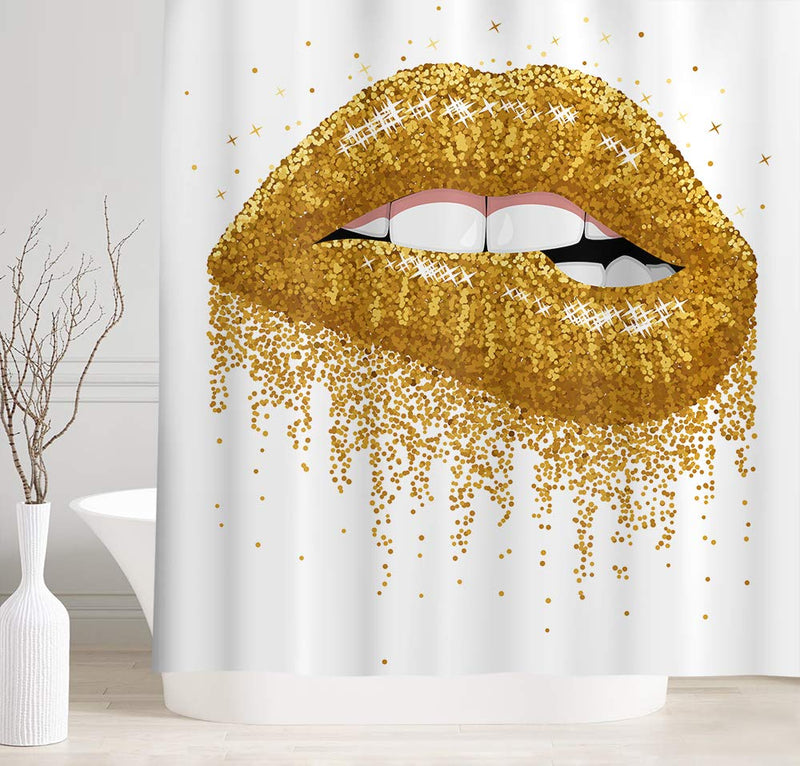 Gold Glitter Women Lips Shower Curtain, Girl Decor Bath Curtains, 3D Fabric Bathroom Accessories 12PCS Shower Hooks, 69X70 Inch - NewNest Australia