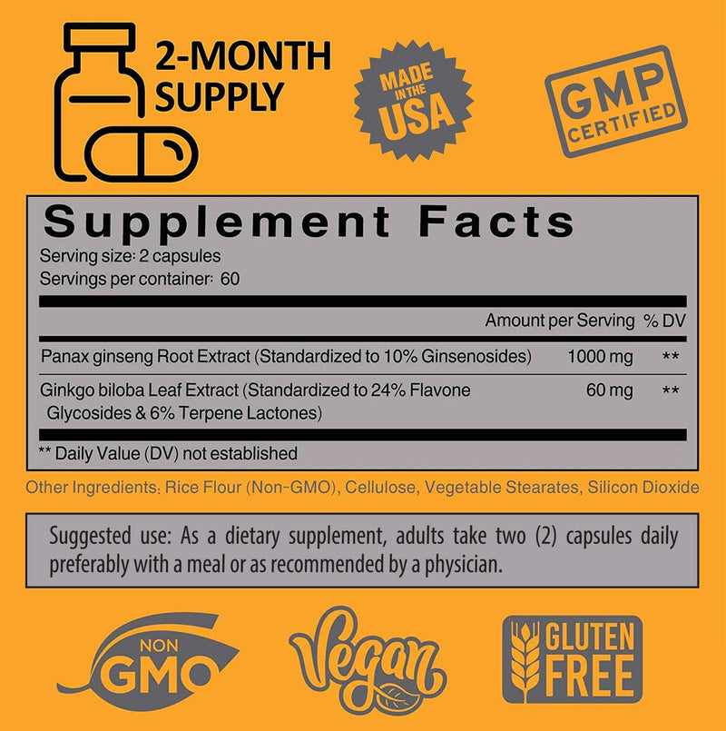 Authentic Korean Red Panax Ginseng + Ginkgo Biloba, 120 Vegan Capsules, Ginseng Root Extract Powder 1000mg (10% Ginsenosides) + Gingko Biloba 60mg, Energy and Focus Pills for Men and Women by NooMost 1 - NewNest Australia
