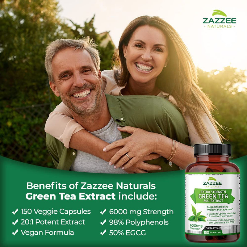 Zazzee Extra Strength Green Tea 20:1 Extract, 6000 mg Strength, 150 Vegan Capsules, 50% EGCG, 98% Polyphenols and 80% Catcehins, Potent 20x Extract, Up to 5 Month Supply, Vegan, All-Natural - NewNest Australia