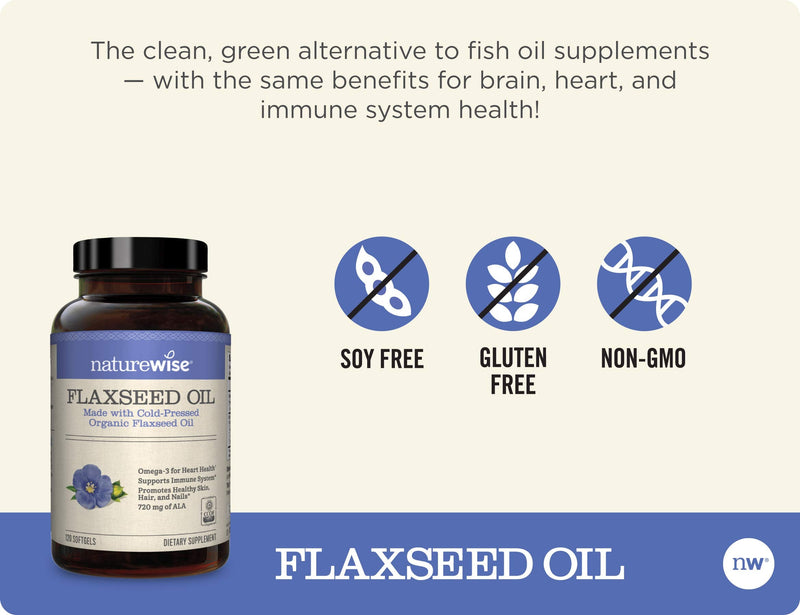 NatureWise Organic Flaxseed Oil Max 720mg ALA | Highest Potency Flax Oil Omega 3 for Cardiovascular, Brain, Immune Support & Healthy Hair, Skin, & Nails | Gluten Free Non-GMO [2 Month - 120 Softgels] 120 Count (Pack of 1) - NewNest Australia