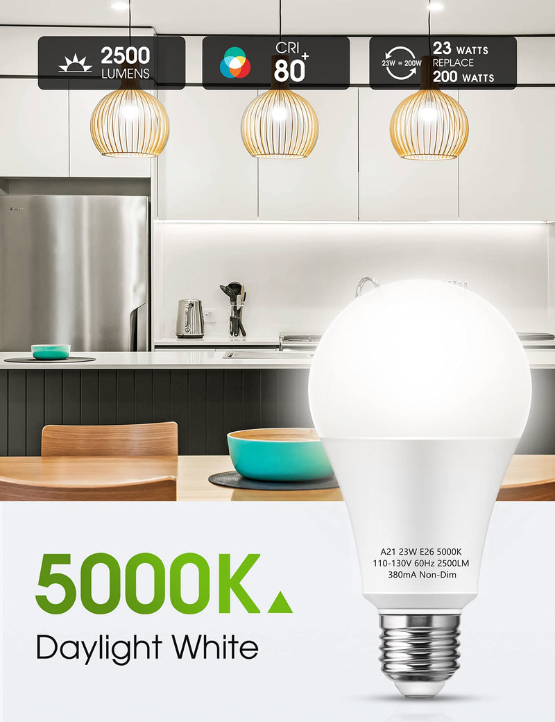 LOHAS A21 LED Light Bulbs, 2500 Lumens Super Bright LED, 23W E26 Medium Base Bulb, 150-200 Watt Led Bulbs 5000K Daylight, Non-Dim, High Lumen Led Bulb for Home Office Store Garage, 2 Pack - NewNest Australia