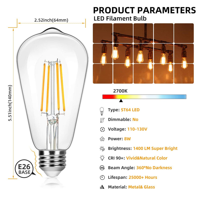 4-Pack Vintage 8W ST64 LED Edison Light Bulbs 100W Equivalent, 1400Lumens, 2700K Warm White, E26 Base LED Filament Bulbs, CRI 90+, Antique Glass Style Great for Home, Bedroom, Office, Non-Dimmable 2700K Warm White St64 - NewNest Australia