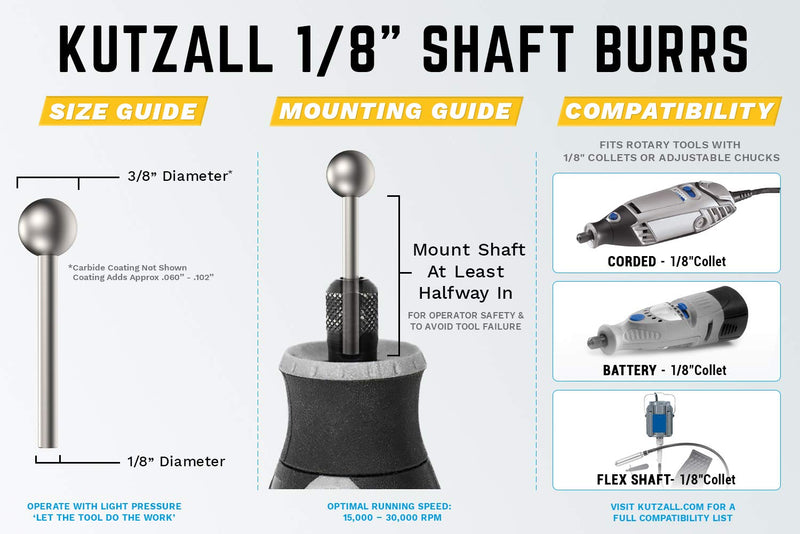 Kutzall Original Sphere Rotary Burr 1⁄8" Shaft, Coarse - Woodworking Attachment for Dremel, Foredom, DeWalt, Milwaukee Tools. Abrasive Tungsten Carbide Coating, 3⁄8" (9.5mm) Head Diameter, S-38-E Original - Coarse Head Diameter: 3⁄8", Head Length: 3⁄8" - NewNest Australia