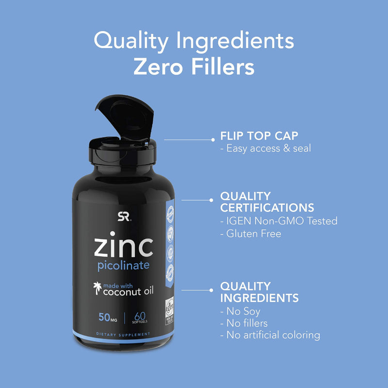 Zinc Picolinate 50mg with Organic Coconut Oil | Highly Absorbable Zinc Supplement for Healthy Immune Function | Non-GMO Verified, Gluten & Soy Free (60 Liquid Soft gels) - NewNest Australia