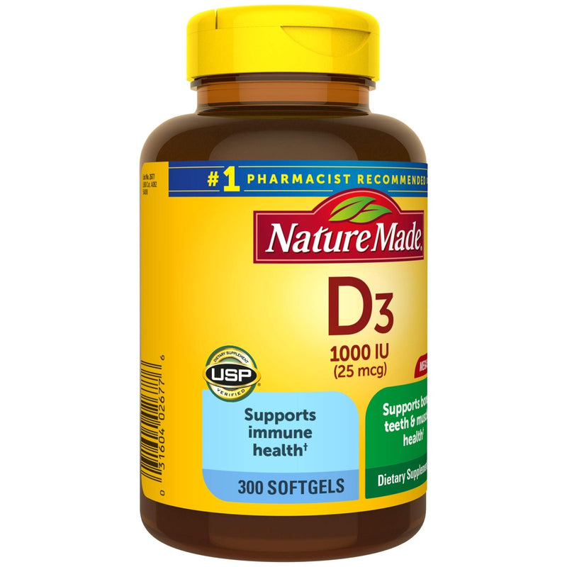 Nature Made Vitamin D3, 300 Softgels, Vitamin D 1000 IU (25 mcg) Helps Support Immune Health, Strong Bones and Teeth, & Muscle Function, 125% of the Daily Value for Vitamin D in One Daily Softgel - NewNest Australia