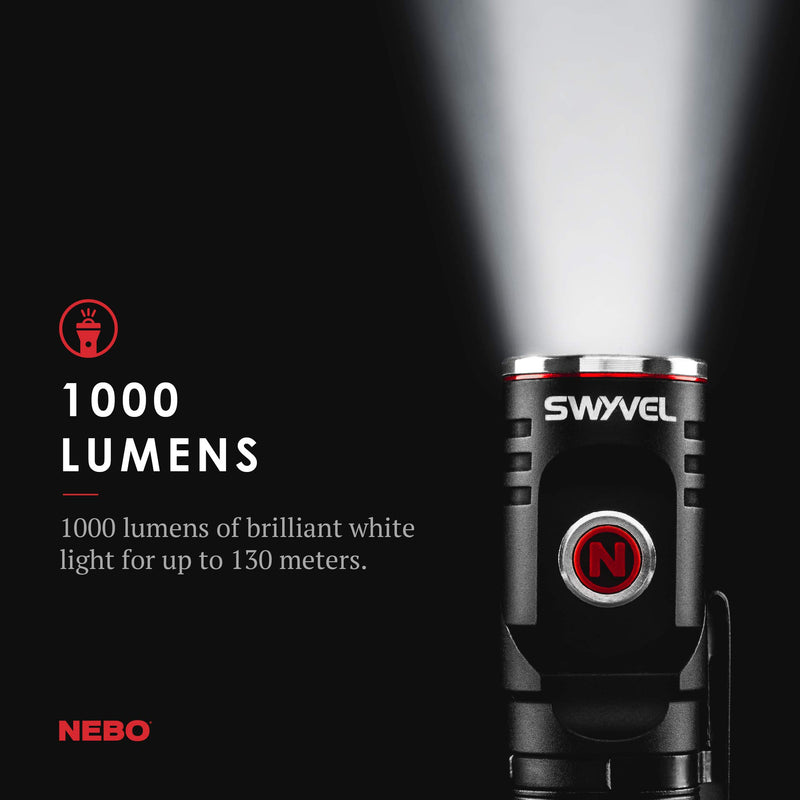 NEBO SWYVEL 1000-Lumen Rechargeable Flashlight: Compact Rechargeable EDC lighthas a90 Degree Rotating Swivel Head; 5 Light Modes; Smart Power Control - 6907 , Black - NewNest Australia