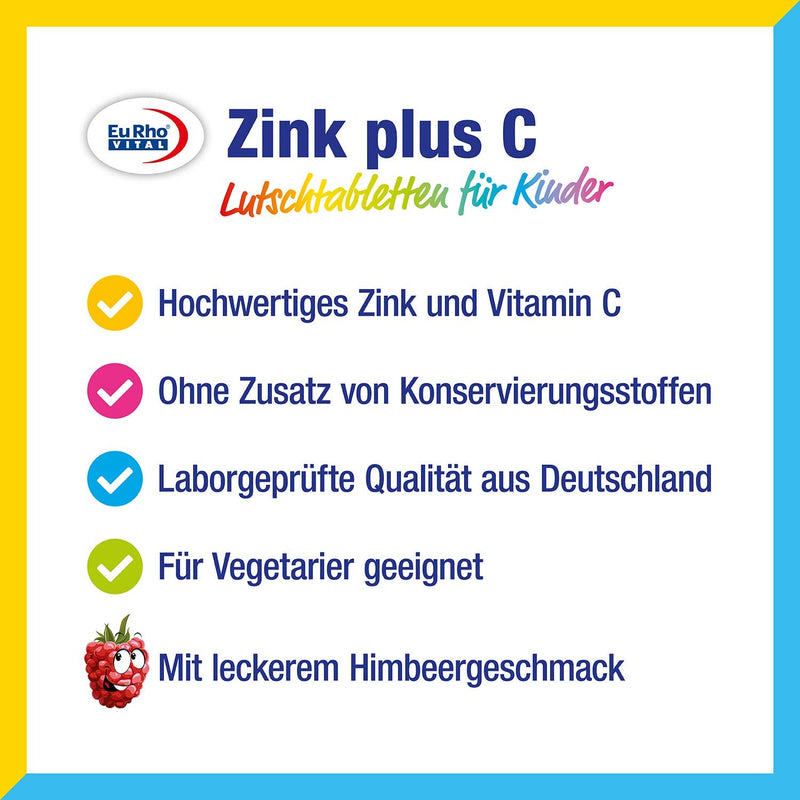 Zinc and Vitamin C Lozenges for Children | Vegetarian dietary supplement to support the immune system | Ideal for children aged 4 and over | EuRho® Vital – Made in Germany | 60 tablets of raspberry - NewNest Australia