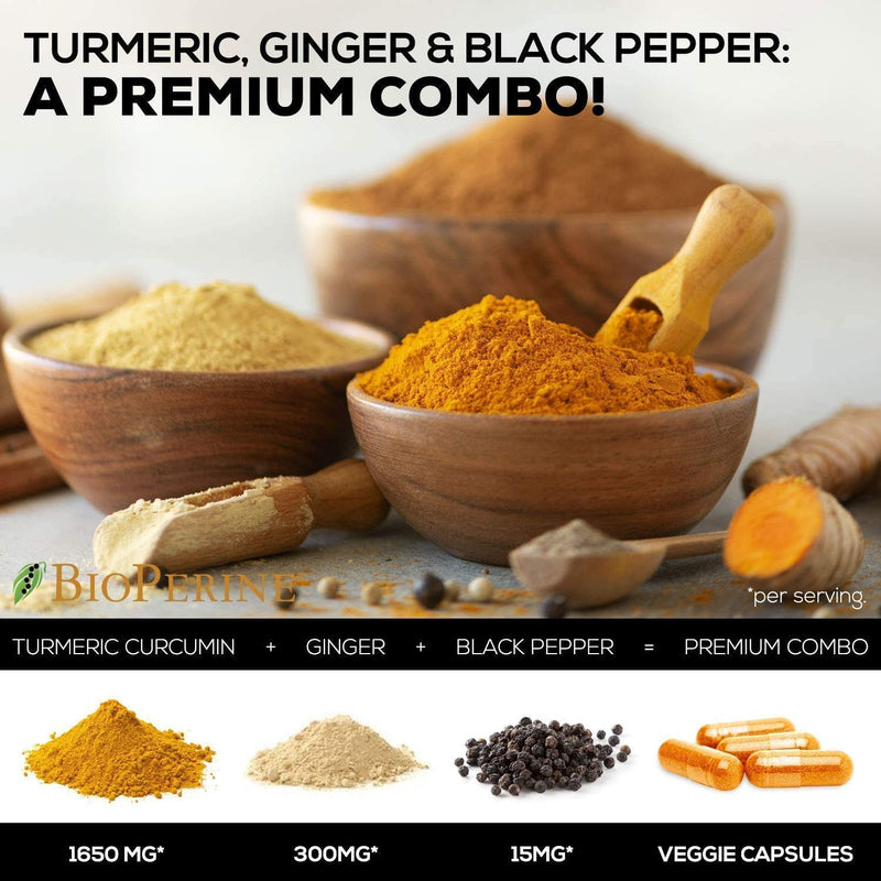 Turmeric Curcumin with BioPerine & Ginger 95% Curcuminoids 1950mg - Black Pepper for Absorption, Made in USA, Natural Immune Support, Turmeric Ginger Supplement by Natures Nutrition - 60 Capsules 60 Count (Pack of 1) - NewNest Australia
