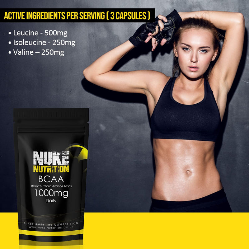 Nuke Nutrition BCAA Capsules | 365 Capsules 1000mg | Advanced Essential Amino Acids Supplement to Build Lean Muscle | Boost Recovery, Muscle Building & Growth | Leucine, Isoleucine & Valine | Vegan 365 Count (Pack of 1) - NewNest Australia