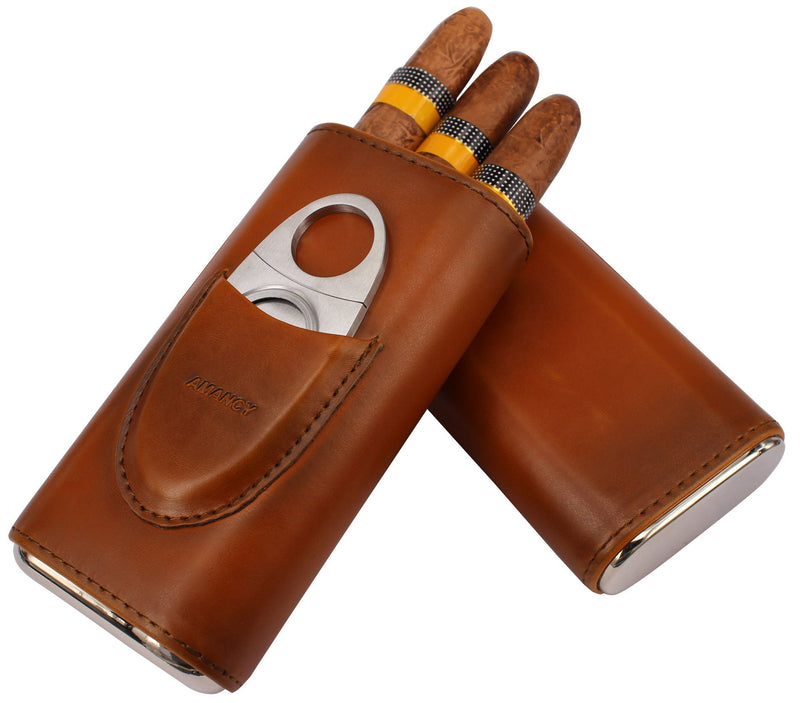AMANCY Premium 3- Finger Brown Leather Cigar Case, Cedar Wood Lined Cigar Humidor with Silver Stainless Steel Cutter - NewNest Australia