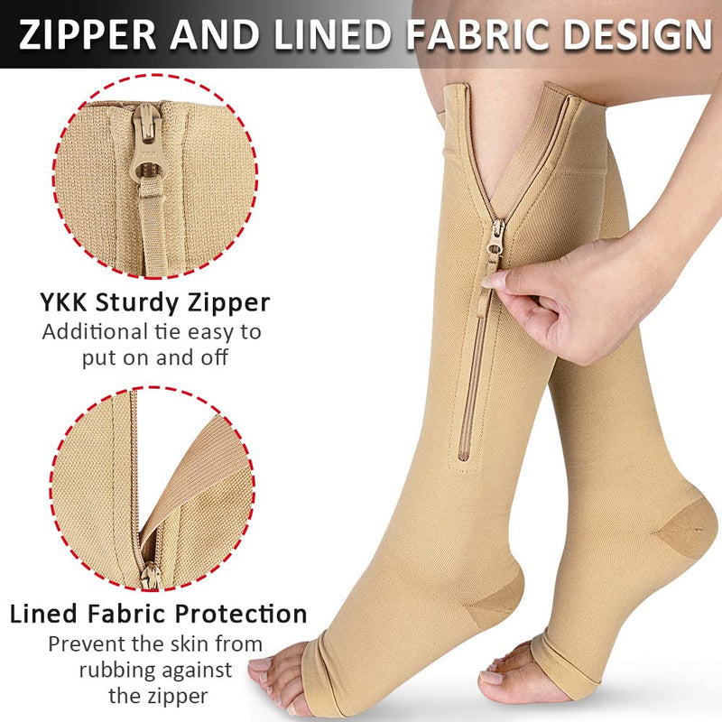 Ailaka Medical Compression Socks with Zipper, Knee High 15-20 mmHg Compression Socks for Women Men, Open Toe Support Socks for Varicose Veins, Edema, Recovery, Pregnant, Nurse 2X-Large (1 Pair) Beige - NewNest Australia