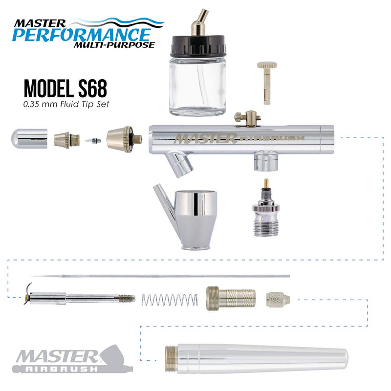 Master Performance S68 Multi-Purpose Precision Dual-Action Siphon Feed Airbrush, 0.35 mm Tip, 3/4 oz Fluid Bottle, Color Cup - User Friendly Set Kit - How-to-Airbrush Guide - Auto, Art, Hobby, Cake - NewNest Australia