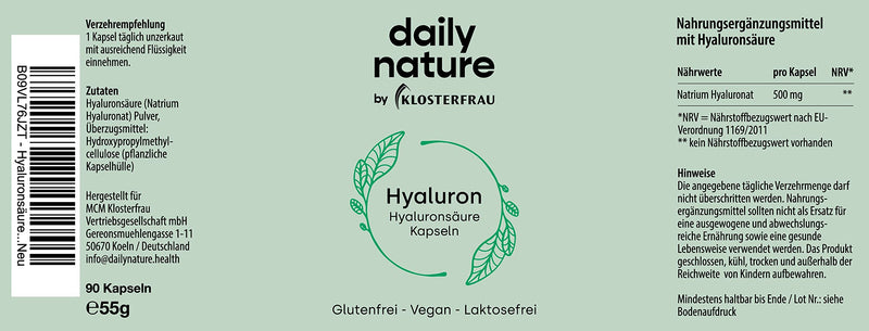 Dailynature Hyaluronic Acid Capsules | 90 Capsules | Dietary Supplement With 500 Mg Sodium Hyaluronate Per Capsule | Vegan | High Dose | No Unwanted Additives | Gluten Free | Lactose Free - NewNest Australia
