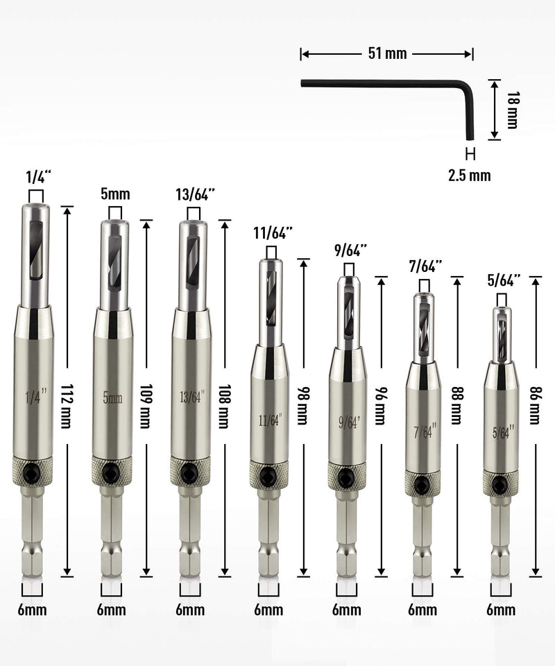 QWORK Vix Bits Self Centering Clic Change Door Hinge Drill Bit Set, 5/64", 7/64", 9/64", 11/65", 5mm, 13/64", 1/4" Silver - NewNest Australia