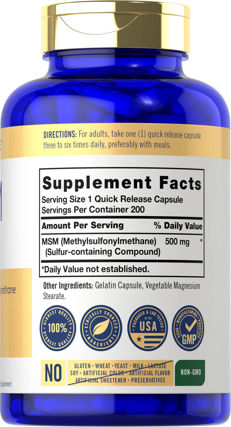 MSM Supplement | 500mg | 200 Capsules | Non-GMO, and Gluten Free Formula | Methylsulfonylmethane | by Carlyle - NewNest Australia