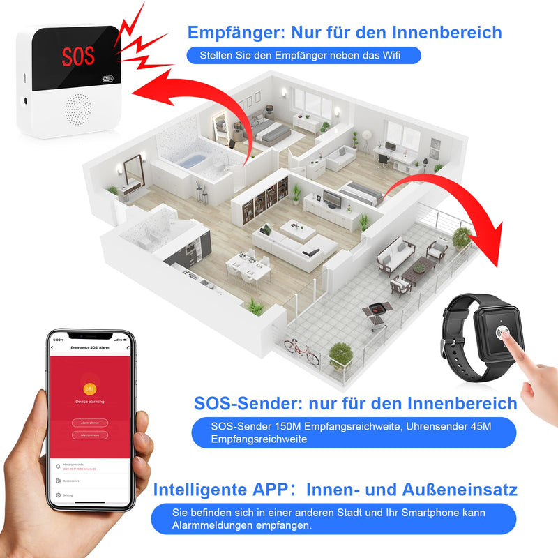 Chunhee Wifi Emergency Call Button For Seniors Emergency Bracelet Emergency Alert System For Seniors Patients Disabled Elderly 1 Emergency Call Button 1 Emergency Call Bracelet 1 Receiver (Only Supports 2.4Ghz Wi-Fi) - NewNest Australia