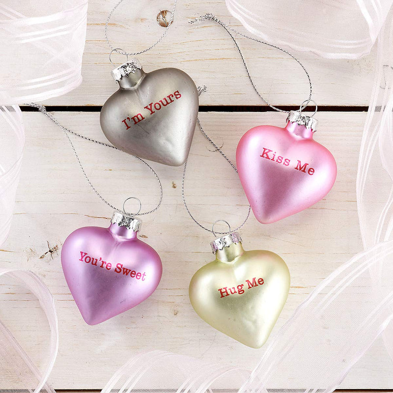 NewNest Australia - Lillian Vernon Pastel Candy Conversation Hearts Glass Valentine's Day Ornaments - Set of 12, 4 Designs, Party Decorations, Holiday Home Decor, 1-1/4" x 2" x 2-1/2" 