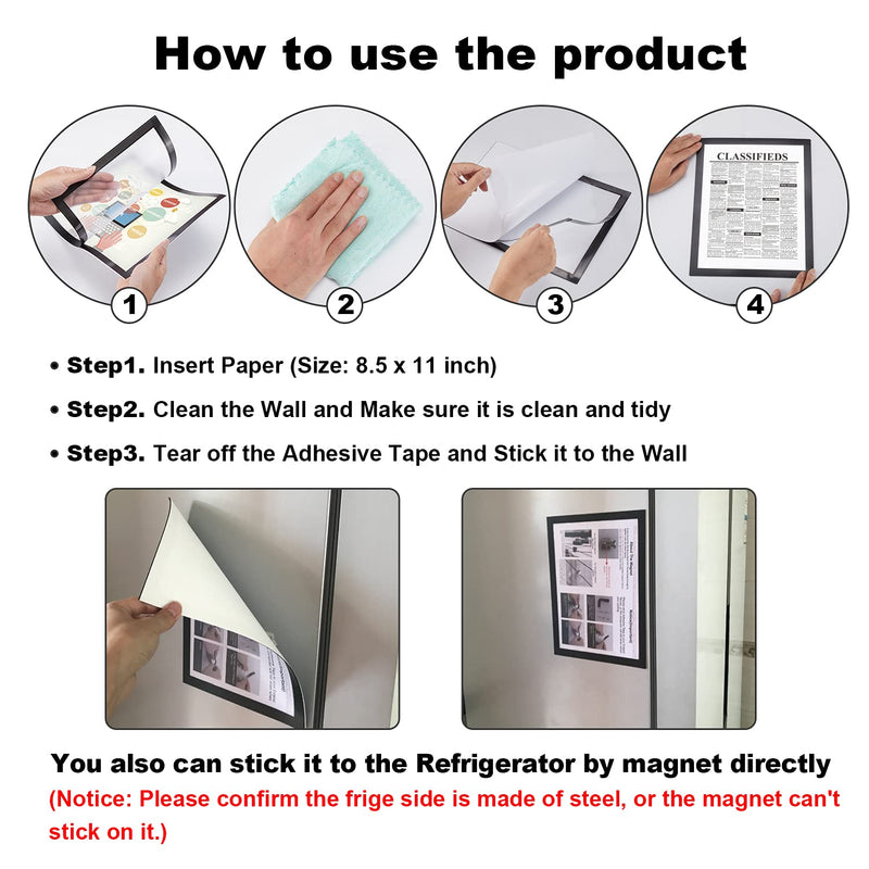 Nellvita 4Pcs Magnetic Signs Holder, for 8.5" x 11" Letter, Durable PVC Magnetic Document Holder, Magnetic Picture Poster Frame, Can Self-Adhesive Wall/ Door/ Window or Magnetic for Refrigerator Black 4 Pcs - NewNest Australia
