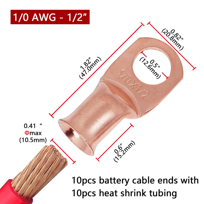 TKDMR 10pcs 1/0 AWG-1/2" Battery Lugs,Copper Wire Lugs,Heavy Duty Battery Cable Ends,Tubular Ring Terminals,AWG Crimp Wire Ring Lugs,Battery Terminal Connectors with 3:1 Heat Shrink Tubing 1/0 Awg - 1/2" (M12) Ring 10 - NewNest Australia