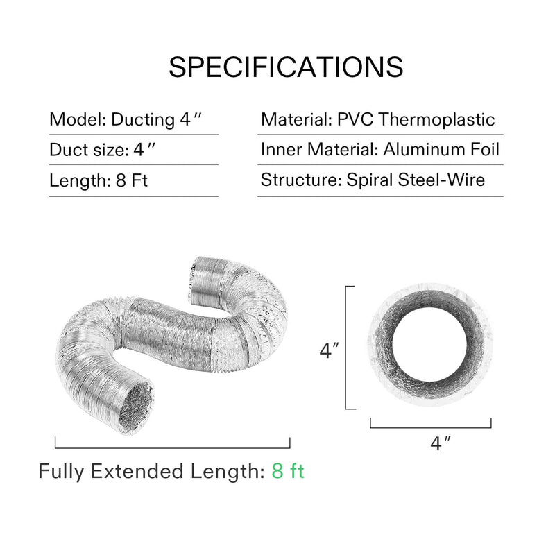 VIVOSUN 4 Inch 8 Feet Non-Insulated Flex Air Aluminum Ducting for HVAC Ventilation w/Two 4 Inch Stainless Steel Clamps 4''8ft - NewNest Australia