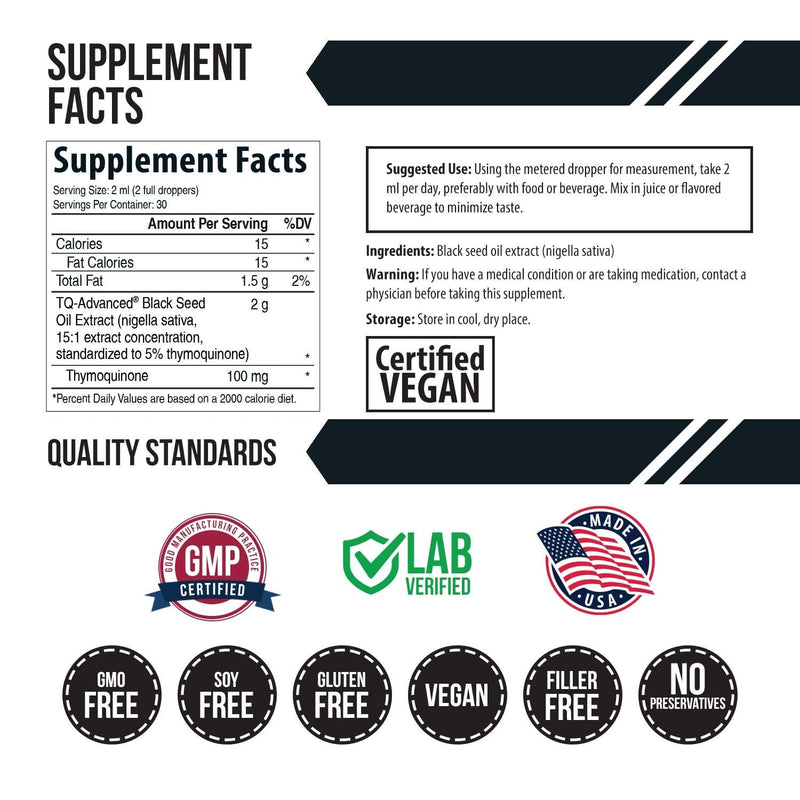 Black Seed Oil TQ Advanced - 5% Thymoquinone, Highest Concentration Available - 15:1 Concentrate from Nigella Sativa, Raw Form, Vegan, Glass Bottle Plus Dropper (2 oz. - 30 Servings) - NewNest Australia