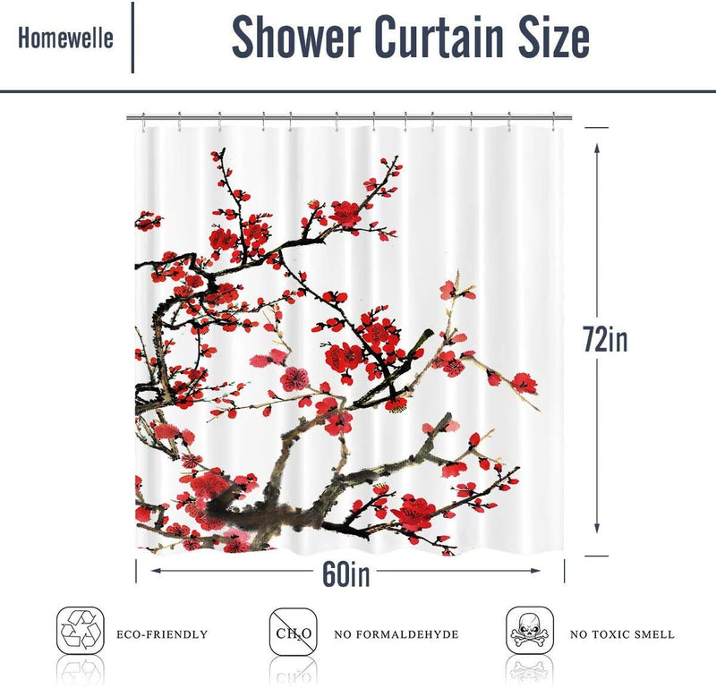 Homewelle Cherry Blossom Floral Shower Curtain Plum Red Flower Japanese Branch Waterproof 60Wx72L Inch Aesthetic Ink Scenery Asian 12 Pack Plastic Shower Hooks Polyester Fabric Bathroom Bathtub - NewNest Australia