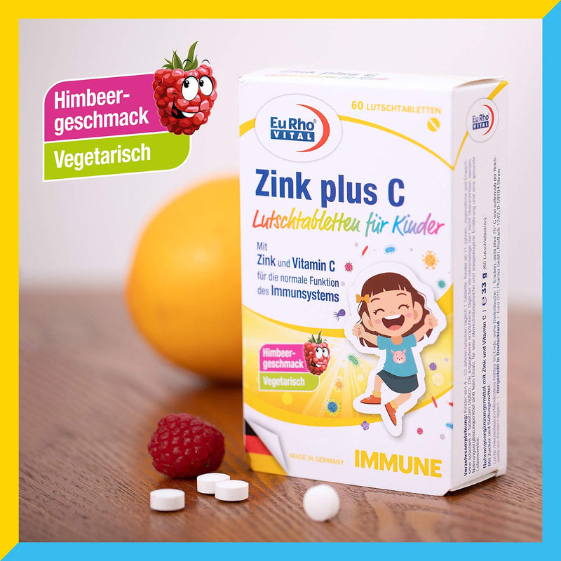Zinc and Vitamin C Lozenges for Children | Vegetarian dietary supplement to support the immune system | Ideal for children aged 4 and over | EuRho® Vital – Made in Germany | 60 tablets of raspberry - NewNest Australia