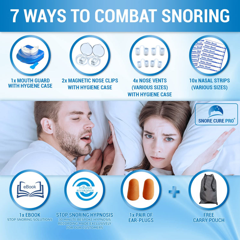 Anti Snore Devices Kit | 1 Mouth Guard | 10 Nasal Strips | 4 Nose Vents | 2 Nose Clips | Ear Plugs | Custom Stop Snoring Hypnosis Recording + Ebook | Premium Snoring aids for Men & Women - NewNest Australia