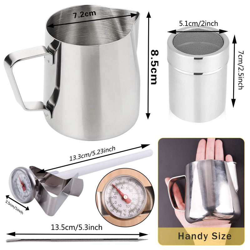 WXJ13 Milk Jug 350ml/12OZ, Stainless Steel Milk Frothing Pitcher, Milk Thermometer with Clip, Powder Shaker with Lid and Latte Art Pen for Hot Chocolate Cappuccino Coffee Latte Art Maker - NewNest Australia