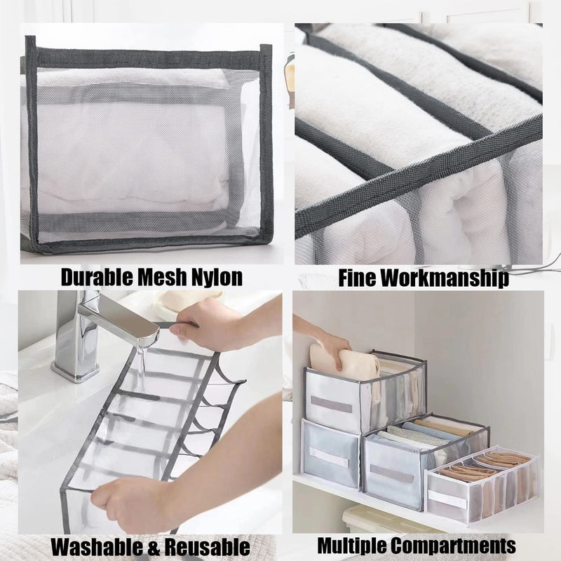 Wardrobe Clothes Organizer Storage,Washable 7 Grid Closet Storage with Compartment Box,Foldable Mesh Closet Clothing Drawer Divider for Thin Jeans,Black 1pcs-7 Grid for T shirt-Black - NewNest Australia