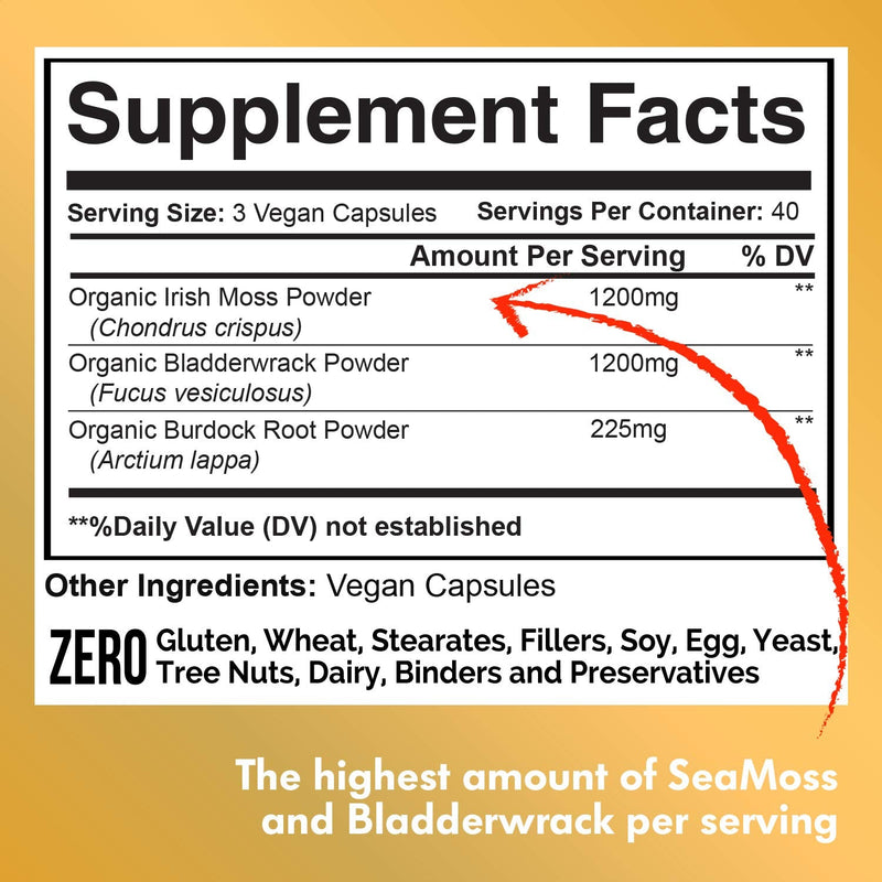 Organic Sea Moss 2625mg, Maine USA Hand Harvested, Irish Moss Bladderwrack and Burdock Root, Sea Moss Capsules, SeaMoss, Irish Sea Moss Alternative To Sea Moss Powder, Sea Moss Gel, 120 Vegan Capsules - NewNest Australia
