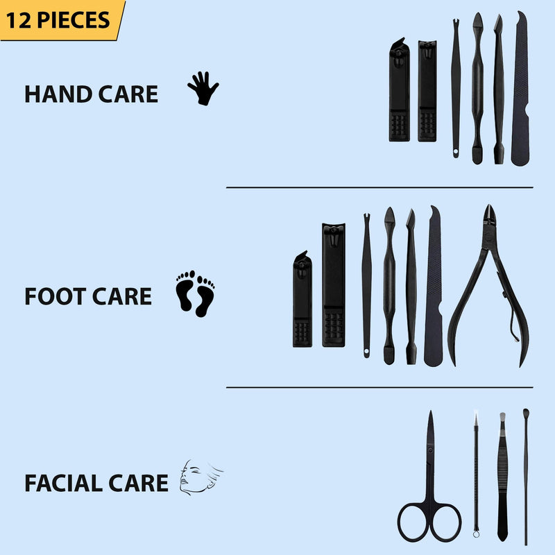 iSOUL Nail Clippers Manicure Set 12Pcs Male/Female Stainless Steel Professional Nail Clipper Set Stainless Steel Grooming Kit for Thick Nails Cuticle Remover Toe Nail Toenail Care Cutter Pedicure Black - NewNest Australia