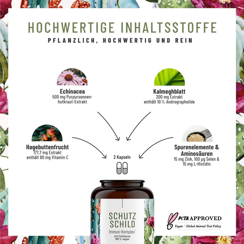Immune System Complex - 500mg Echinacea with Vitamin C Zinc Selenium L-Histidine & Kalmegh - Strengthen the immune system * vegan & without additives - 120 Echinacea Purpurea capsules for 60 days - NewNest Australia