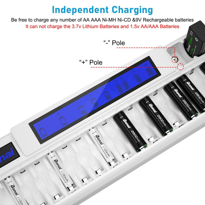 Bonai 16+2 Bay Rechargeable Battery Charger for NiMH AA AAA 9V Batteries (Updated, High Speed Charging) with Smart LCD Display and AC Wall Adapter, Batteries not Included - White - NewNest Australia