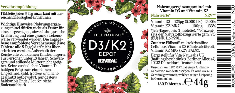 Vitamin D3 + K2 Tablets. Pack Of 180. High Dose With 5,000 Iu Of Vitamin D3 And 200 Œºg Of Vitamin K2 Per 5-Day Dose. K2 Mk-7 From Natto >99% All Trans. No Additives. Made In Germany. - NewNest Australia