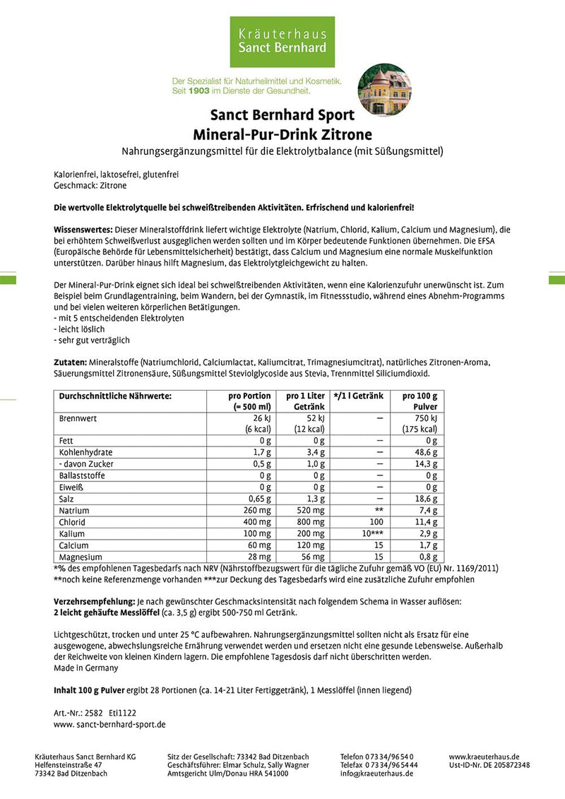 Sanct Bernhard Sport Mineral-Pur-Drink Lemon | 100g powder | for electrolyte balance | calorie-free, lactose-free, gluten-free | Mineral drink | German production & laboratory tested - NewNest Australia
