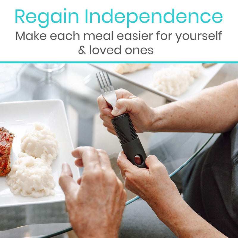 Vive Adaptive Utensil Set - Arthritis Aid Silverware for Parkinsons, Hand Tremors - Easy Grip for Shaking and Trembling Hands - Heavy Stainless Steel Spoon, Fork, Serrated Knife - Non Weighted Holder - NewNest Australia