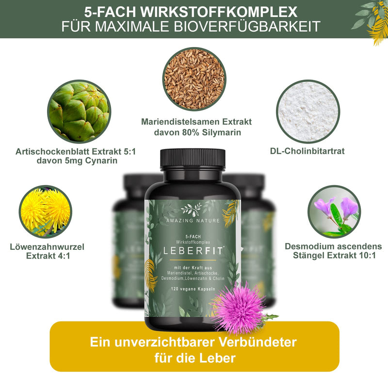 Leberfit High Dose 5-Way Complex Of Milk Thistle 80% Silymarin, Artichoke 5 Mg Cynarine, Dandelion, Desmodium Stem Extract, Choline (Choline Bitartrate) 1 X 120 Vegan Capsules Laboratory Tested In - NewNest Australia